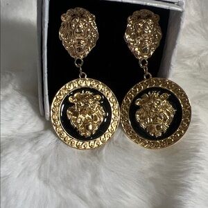 Gold and Black Lion Medallion Drop Earrings - Women Jewelry
